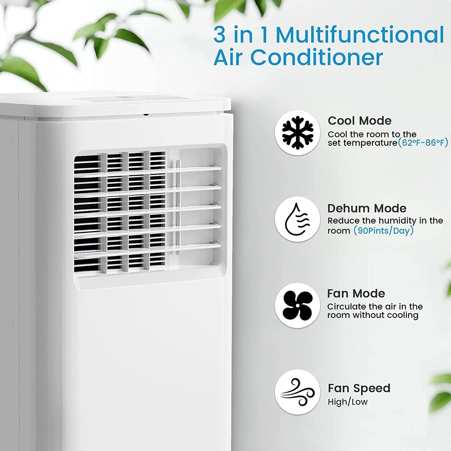 Bossin 8000BTU (Ashrae), 5000BTU(SACC) 3-in-1 Portable Air Conditioners with Remote Control,Quiet Room Portable AC Cooler - 880v
