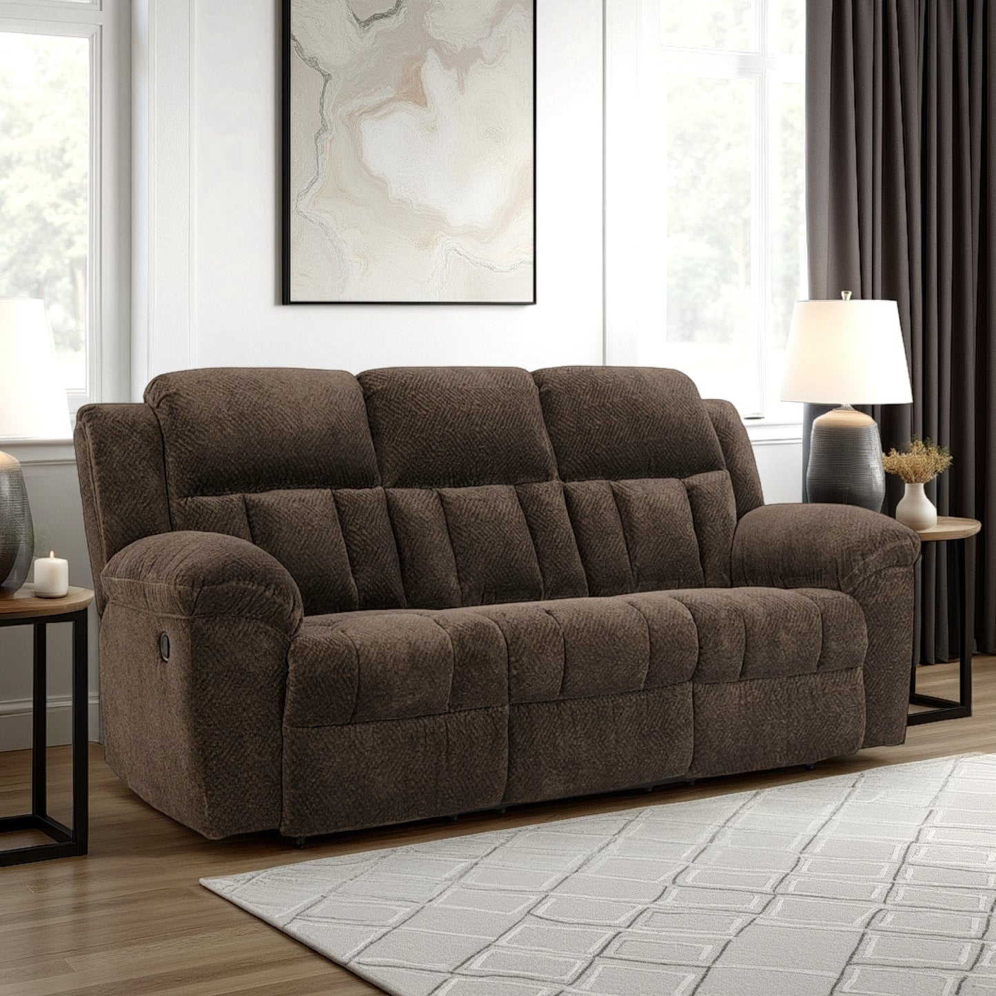 Canapé inclinable manuel Briar en polyester marron, accoudoirs coussinés, 230 cm