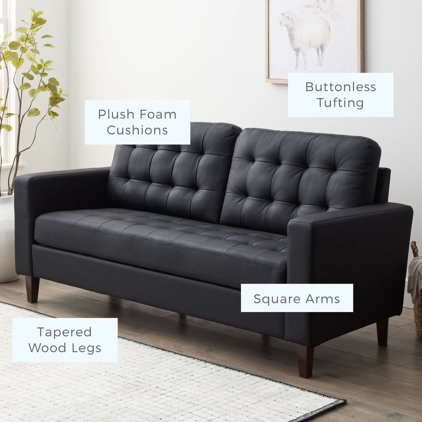 Canapé Brookside Brynn 76 po à accoudoirs carrés en similicuir/velours/tissu