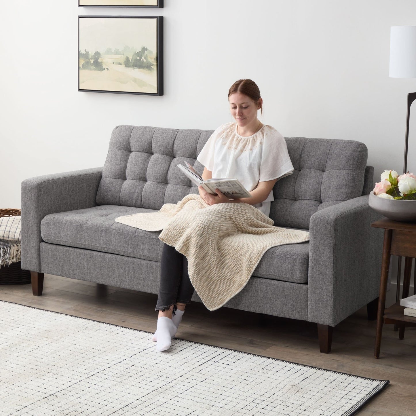 Canapé Brookside Brynn 76 po à accoudoirs carrés en similicuir/velours/tissu