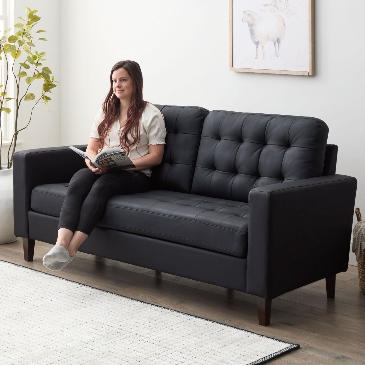 Canapé Brookside Brynn 76 po à accoudoirs carrés en similicuir/velours/tissu