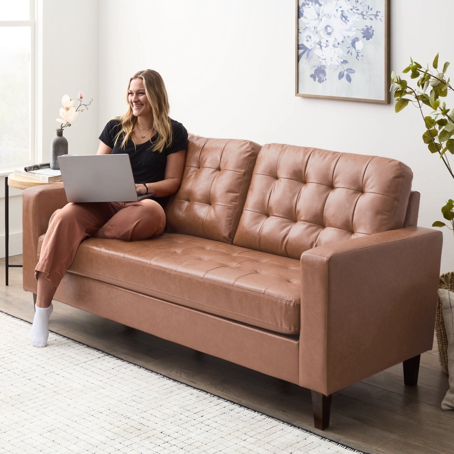 Canapé Brookside Brynn 76 po à accoudoirs carrés en similicuir/velours/tissu