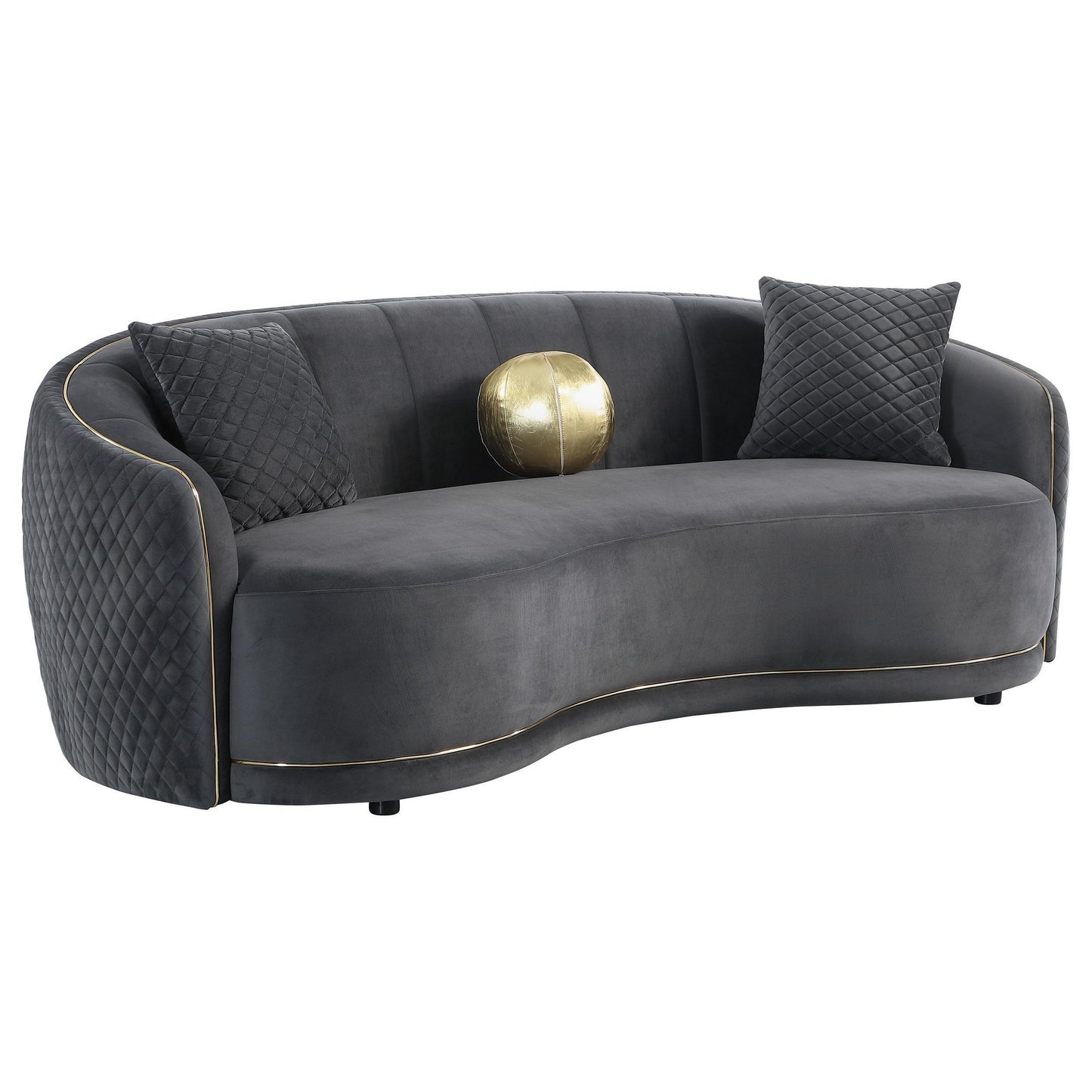 Canapé incurvé Buo, 92 pouces, polyester gris foncé, bordure dorée, 3 coussins