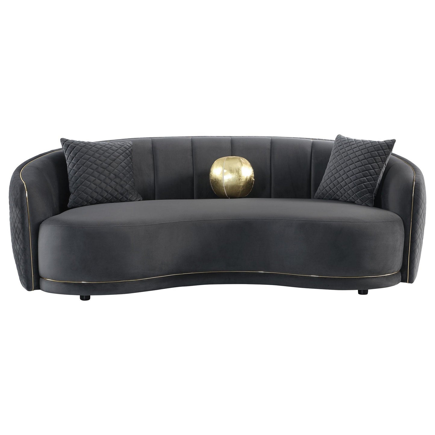 Canapé incurvé Buo, 92 pouces, polyester gris foncé, bordure dorée, 3 coussins