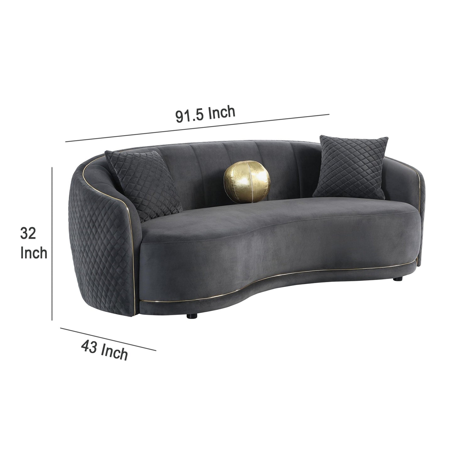Canapé incurvé Buo, 92 pouces, polyester gris foncé, bordure dorée, 3 coussins