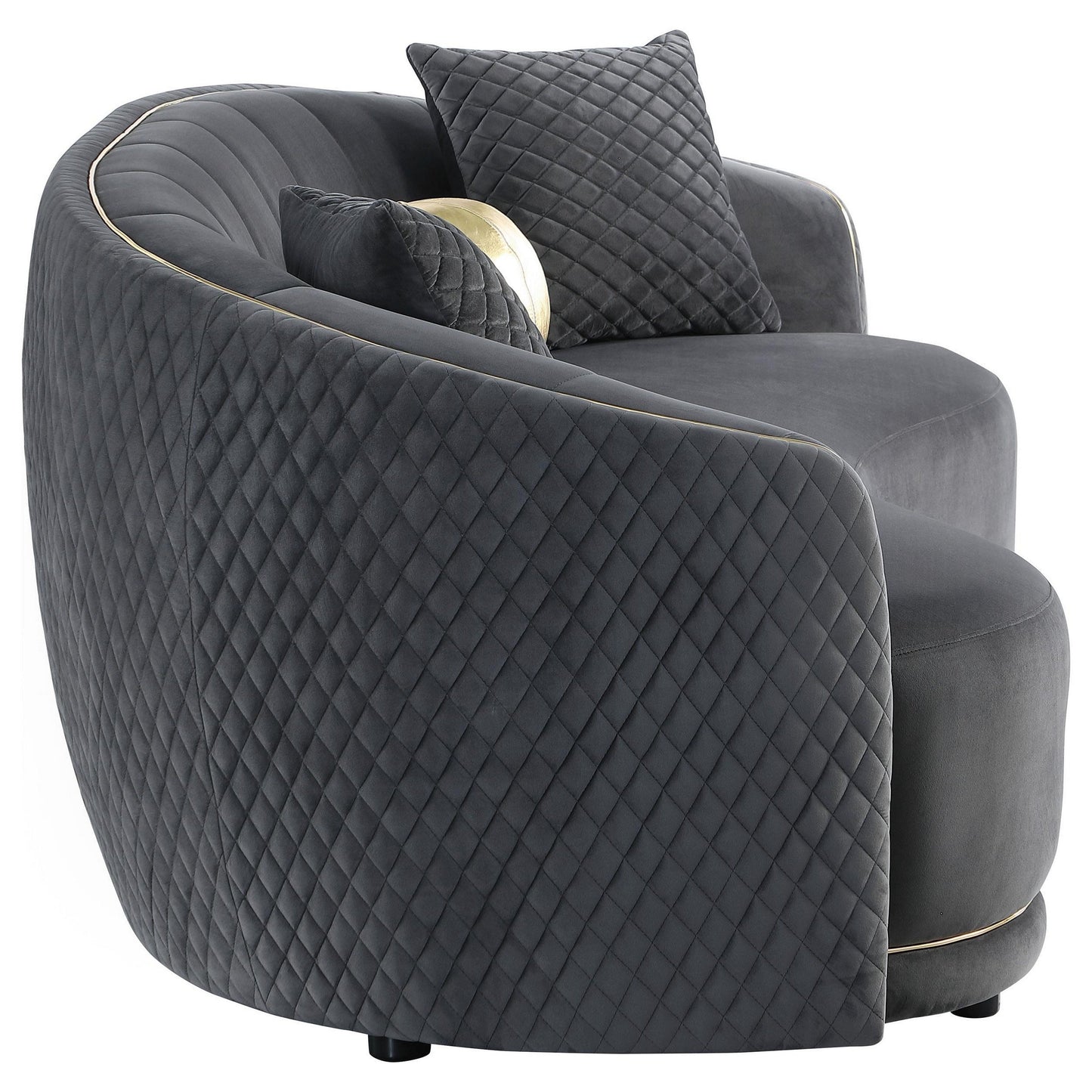 Canapé incurvé Buo, 92 pouces, polyester gris foncé, bordure dorée, 3 coussins