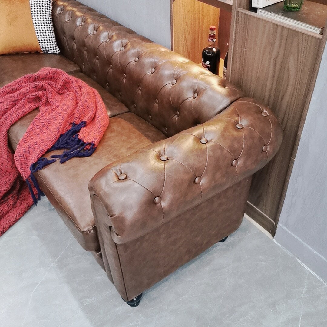 Canapé 3 places capitonné Chesterfield en cuir pour salon, avec accoudoirs roulés et 4 pieds en forme de gourde, marron