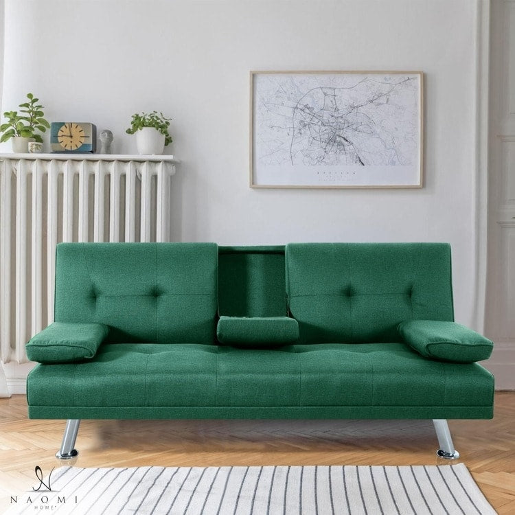 Collection ultime de canapés futons : canapé futon avec accoudoirs et porte-gobelets, canapé capitonné à boutons avec pieds en bois