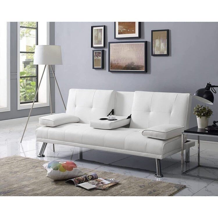 Collection ultime de canapés futons : canapé futon avec accoudoirs et porte-gobelets, canapé capitonné à boutons avec pieds en bois
