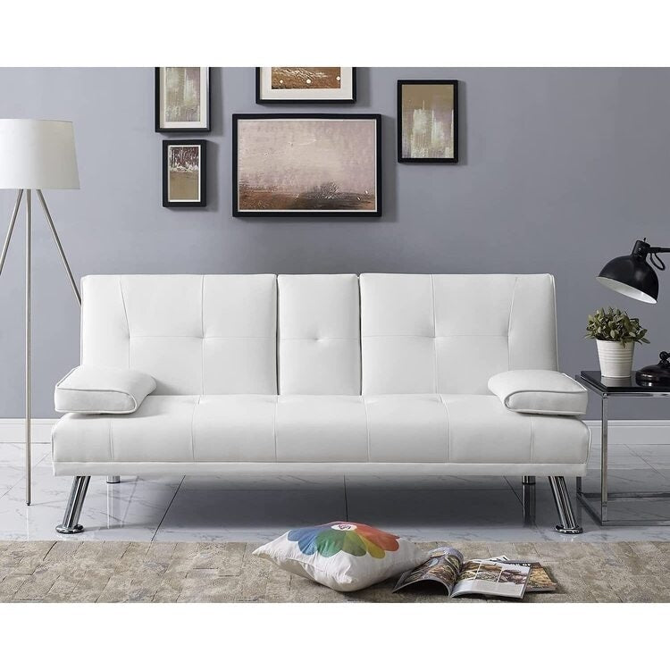 Collection ultime de canapés futons : canapé futon avec accoudoirs et porte-gobelets, canapé capitonné à boutons avec pieds en bois