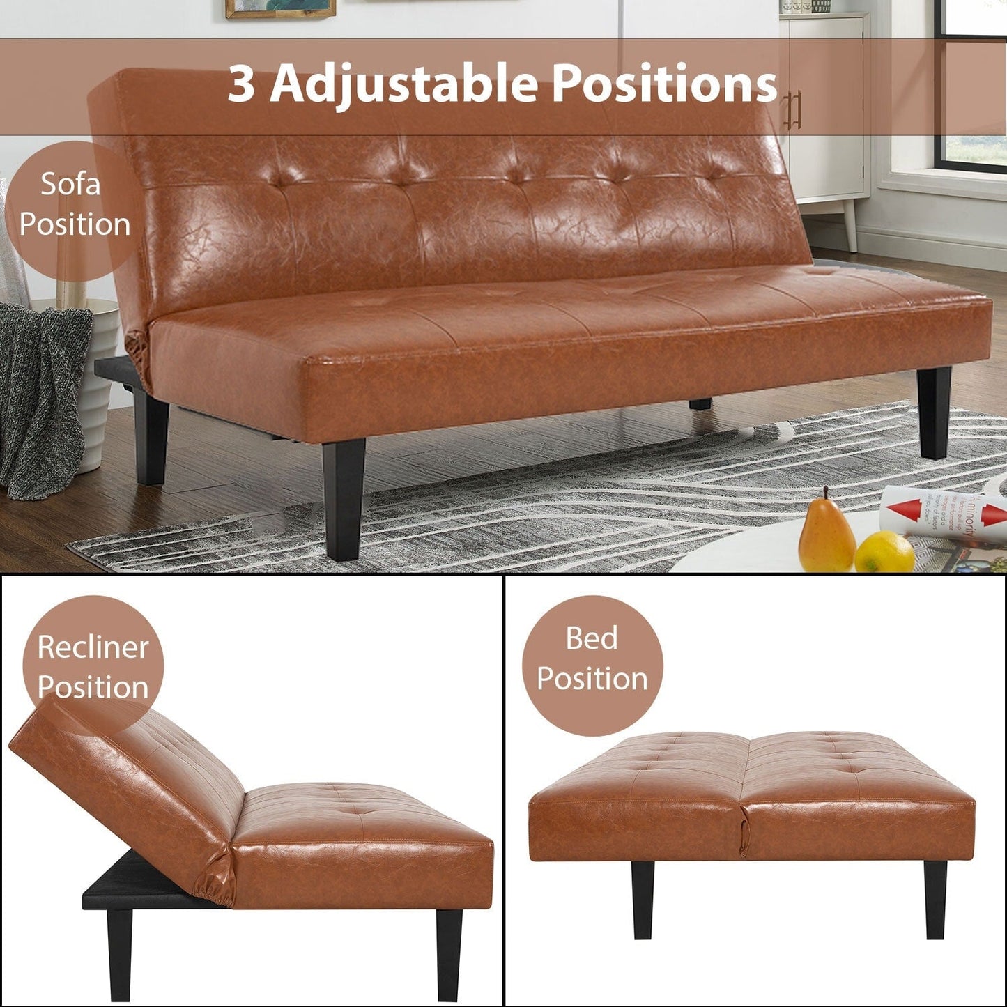 Collection ultime de canapés futons : canapé futon avec accoudoirs et porte-gobelets, canapé capitonné à boutons avec pieds en bois