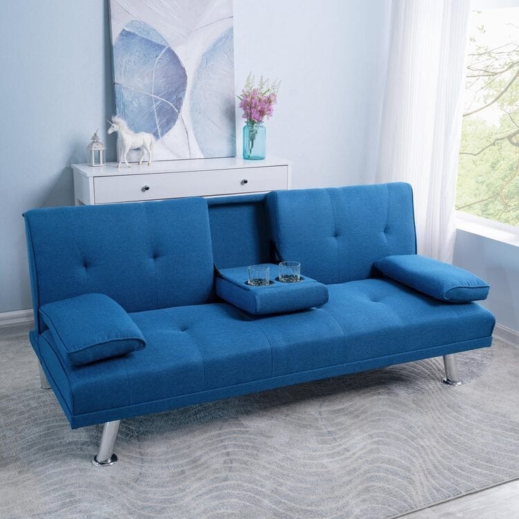 Collection ultime de canapés futons : canapé futon avec accoudoirs et porte-gobelets, canapé capitonné à boutons avec pieds en bois