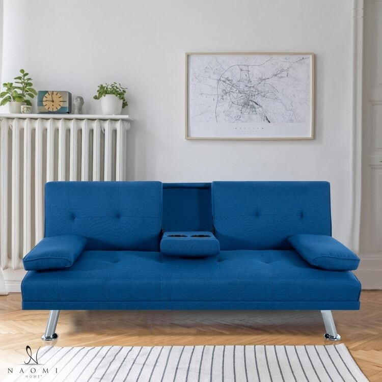 Collection ultime de canapés futons : canapé futon avec accoudoirs et porte-gobelets, canapé capitonné à boutons avec pieds en bois