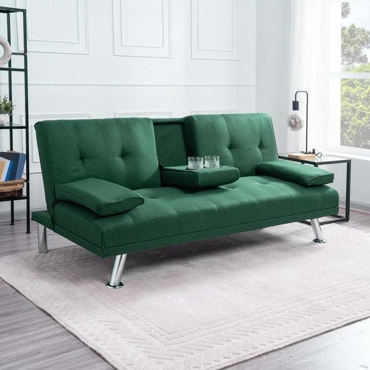 Collection ultime de canapés futons : canapé futon avec accoudoirs et porte-gobelets, canapé capitonné à boutons avec pieds en bois