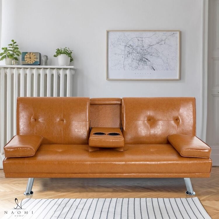 Collection ultime de canapés futons : canapé futon avec accoudoirs et porte-gobelets, canapé capitonné à boutons avec pieds en bois