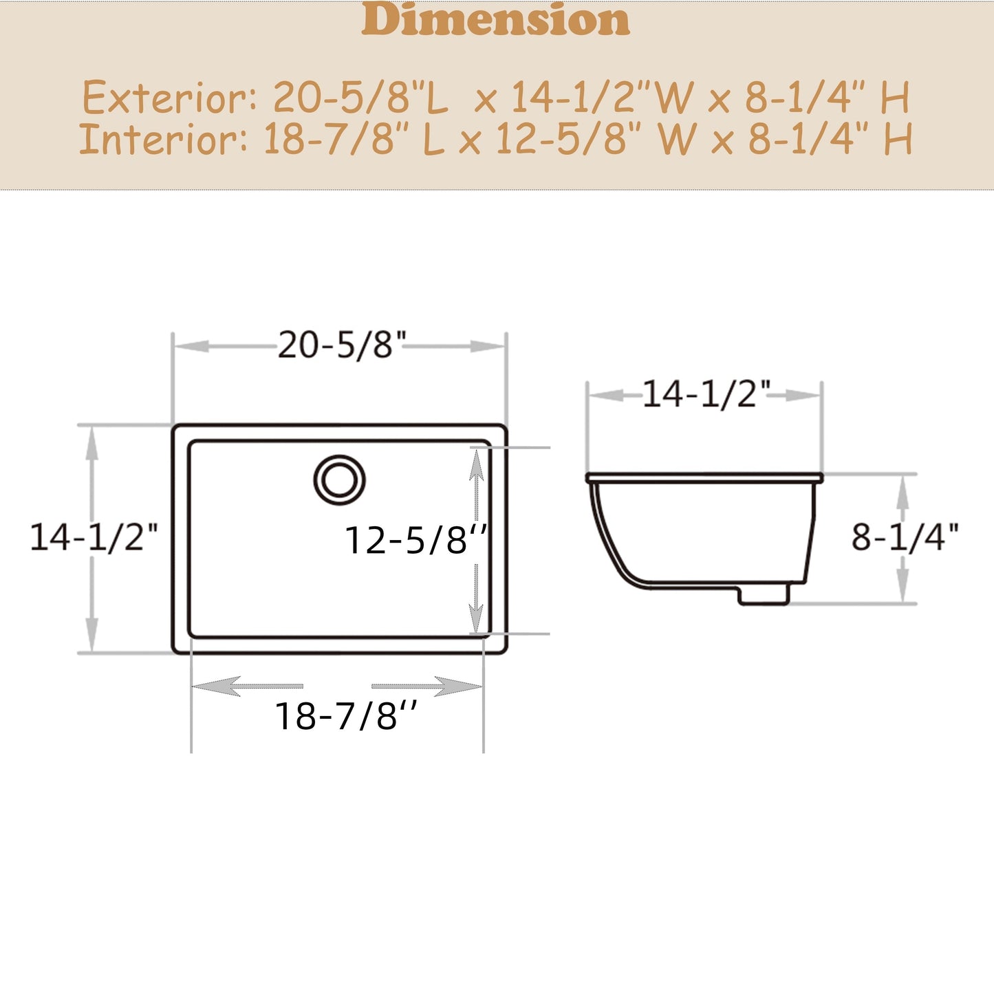 CB HOME 20'' x 14'' Undermount Bathroom Vanity Sink, Rectangle White Ceramic Bathroom Sink-(20-5/8''x14-1/2''x8-1/4'')