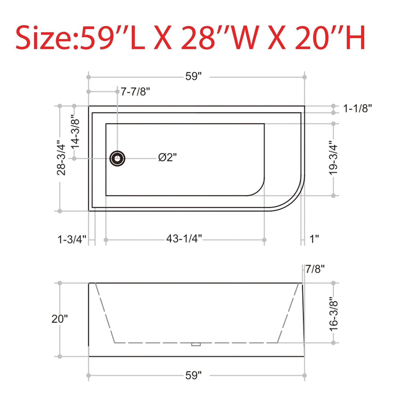 CB HOME 59''/67'' Freestanding Acrylic Soaking Bathtubs, Soaking Tubs Single Side Against The Wall, Left/Right Overflow