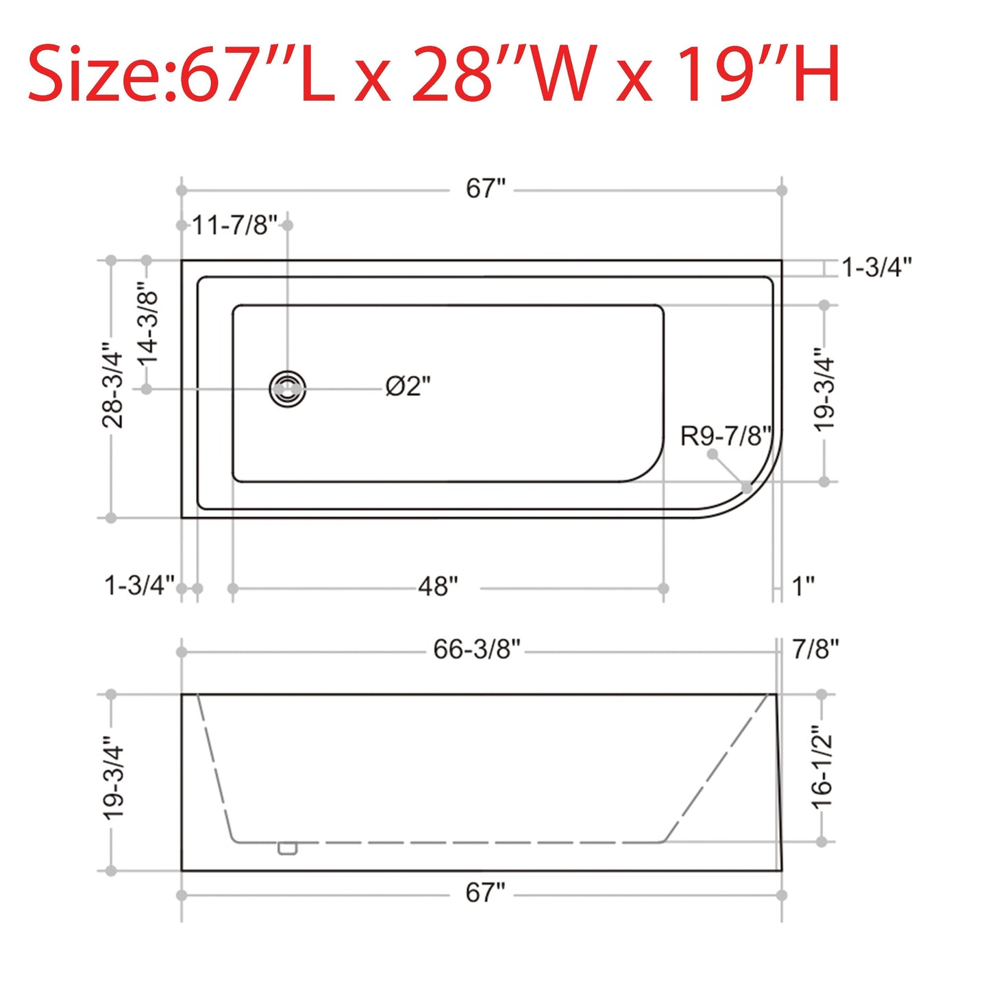 CB HOME 59''/67'' Freestanding Acrylic Soaking Bathtubs, Soaking Tubs Single Side Against The Wall, Left/Right Overflow