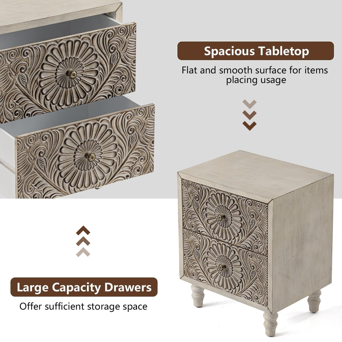 COSIEST Vintage Brown Pattern Solid Wood Nightstand with Drawers