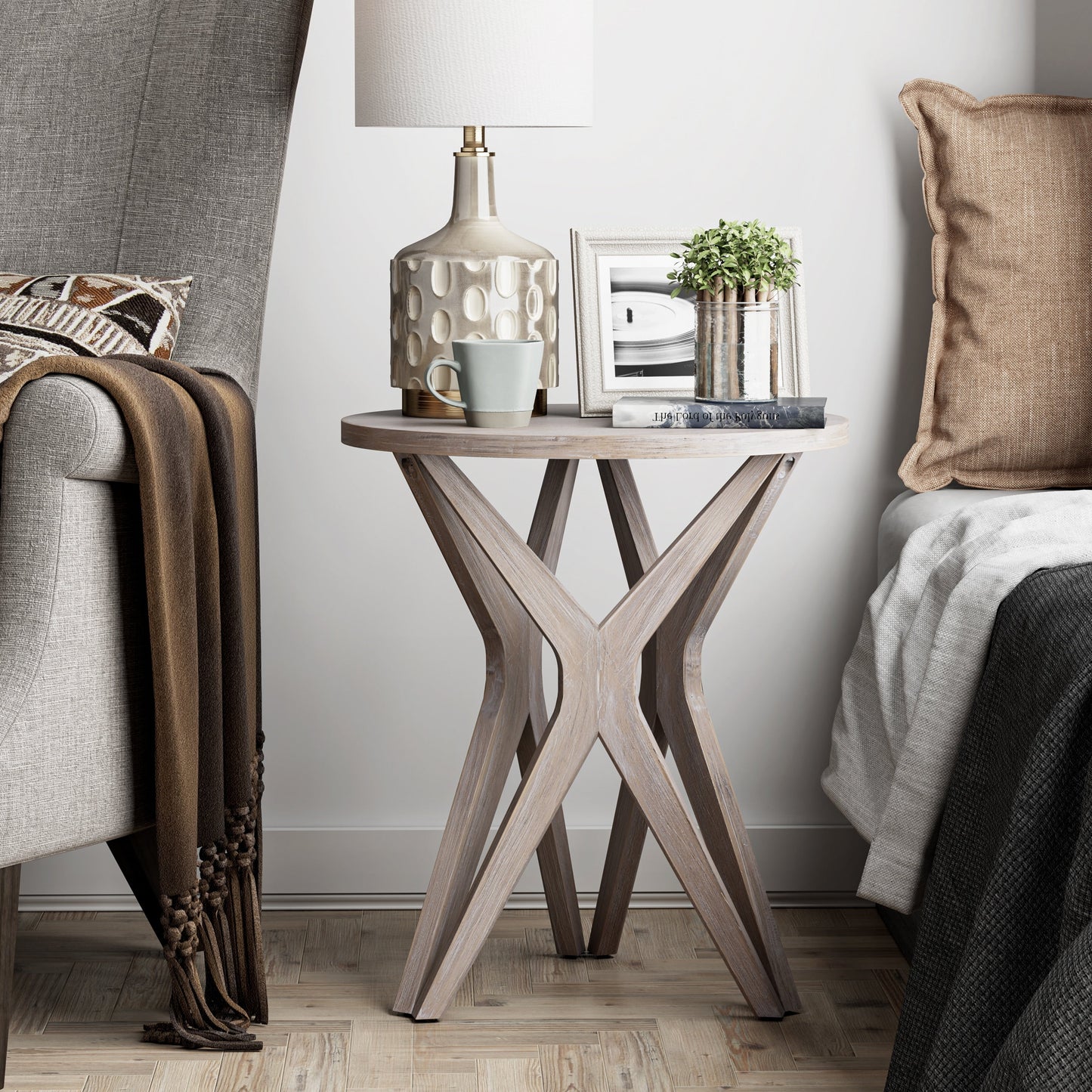 COZAYH Pedestal Farmhouse End Table, Distressed Top with Base for Modern Farmhouse, Boho Decor, Round