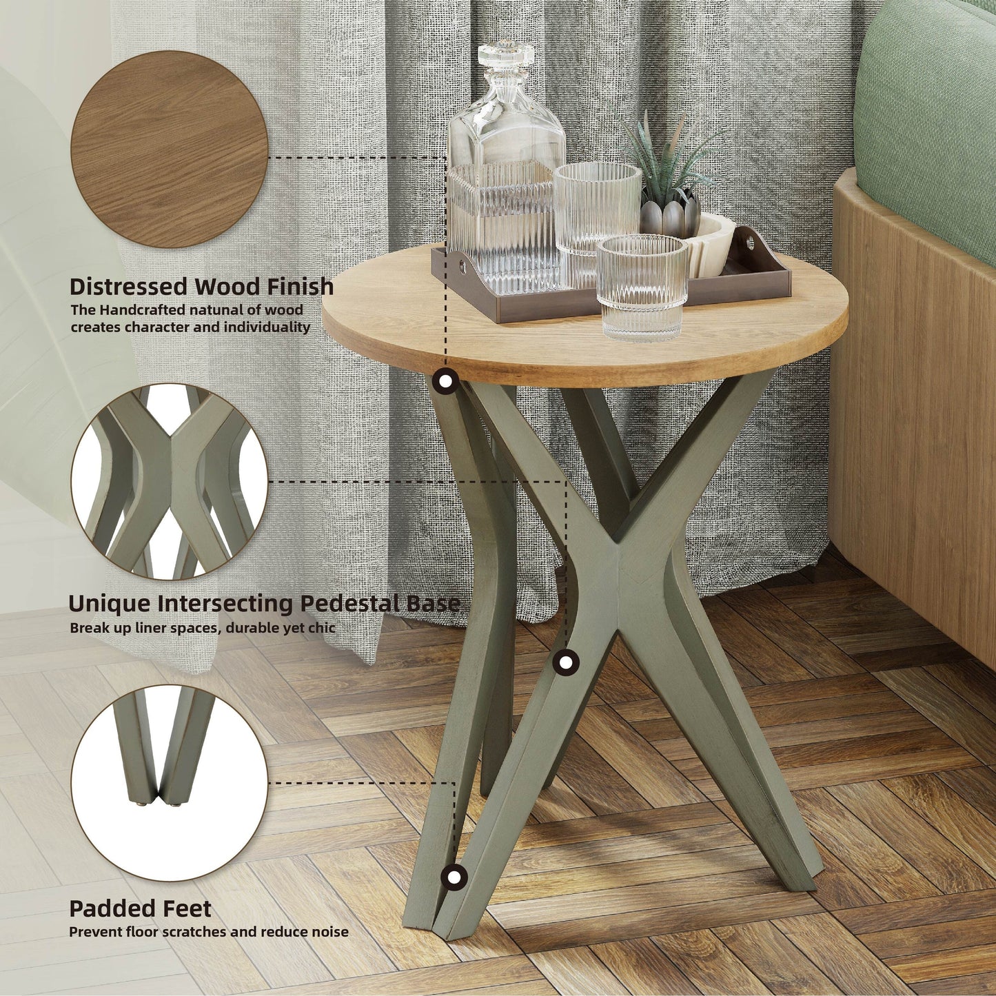 COZAYH Pedestal Farmhouse End Table, Distressed Top with Base for Modern Farmhouse, Boho Decor, Round