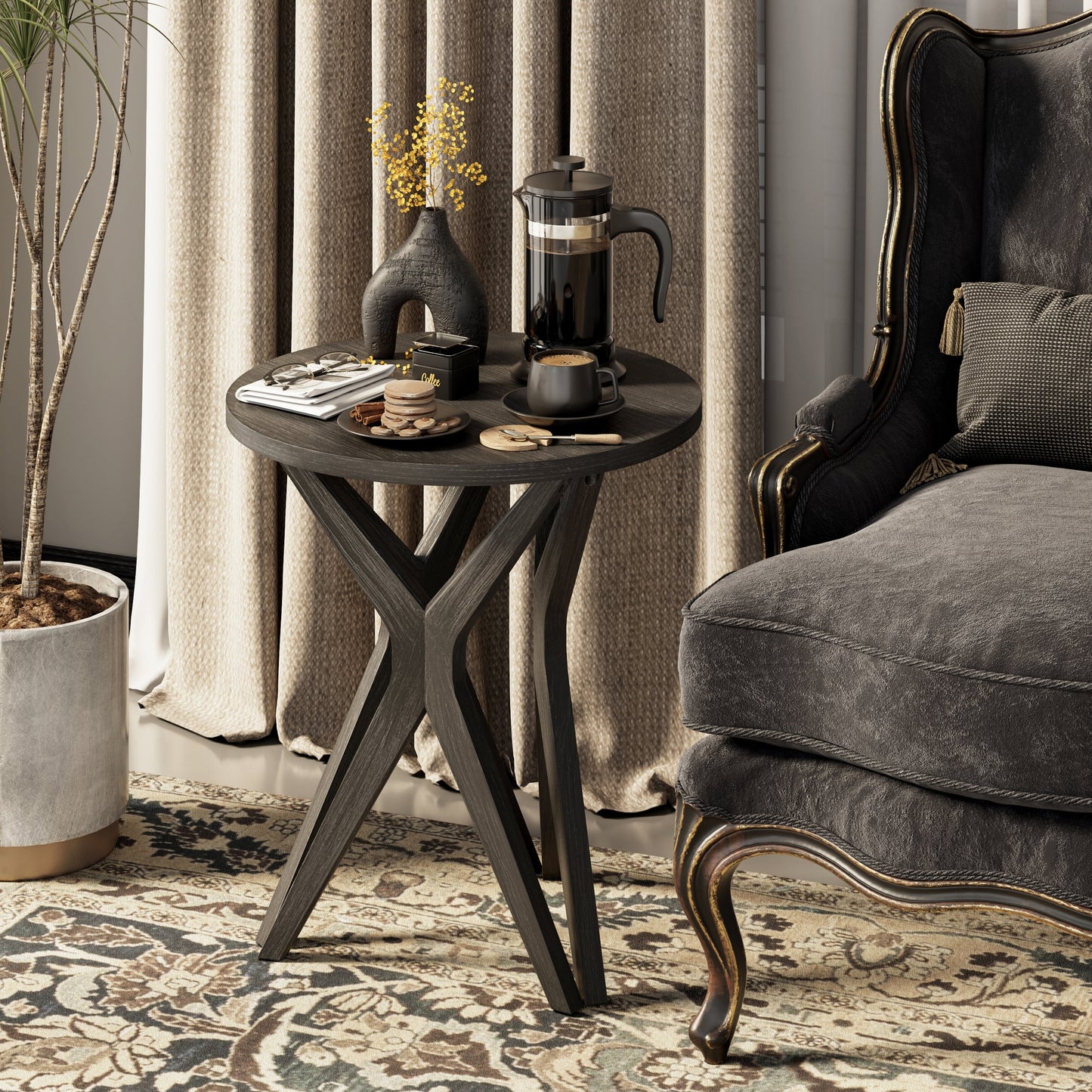 COZAYH Pedestal Farmhouse End Table, Distressed Top with Base for Modern Farmhouse, Boho Decor, Round