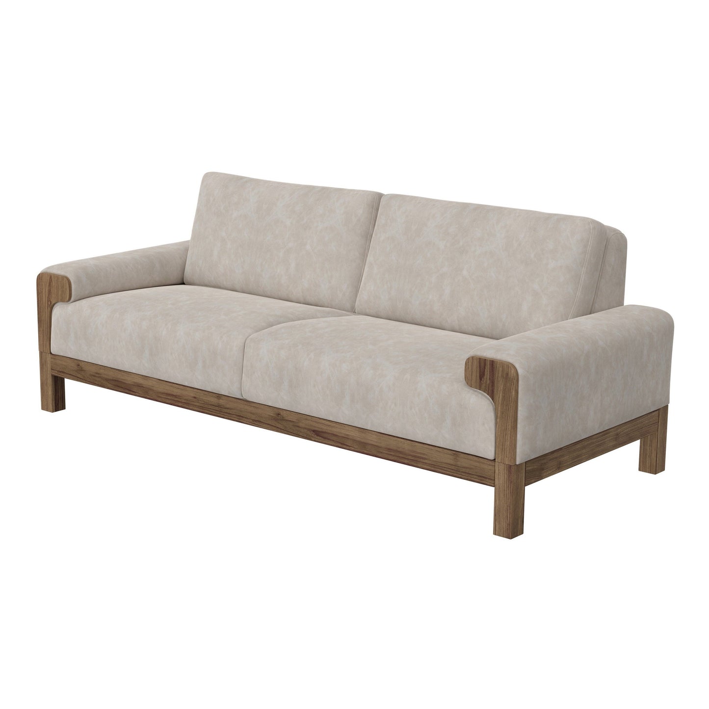 Canapé Caisy, tissu gris, coussins en mousse, bois massif caramel, 236 cm