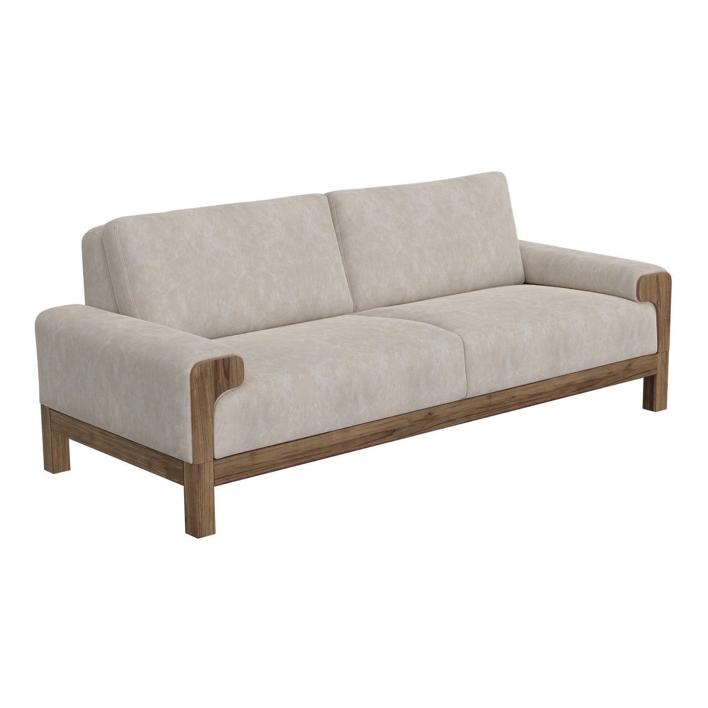 Canapé Caisy, tissu gris, coussins en mousse, bois massif caramel, 236 cm