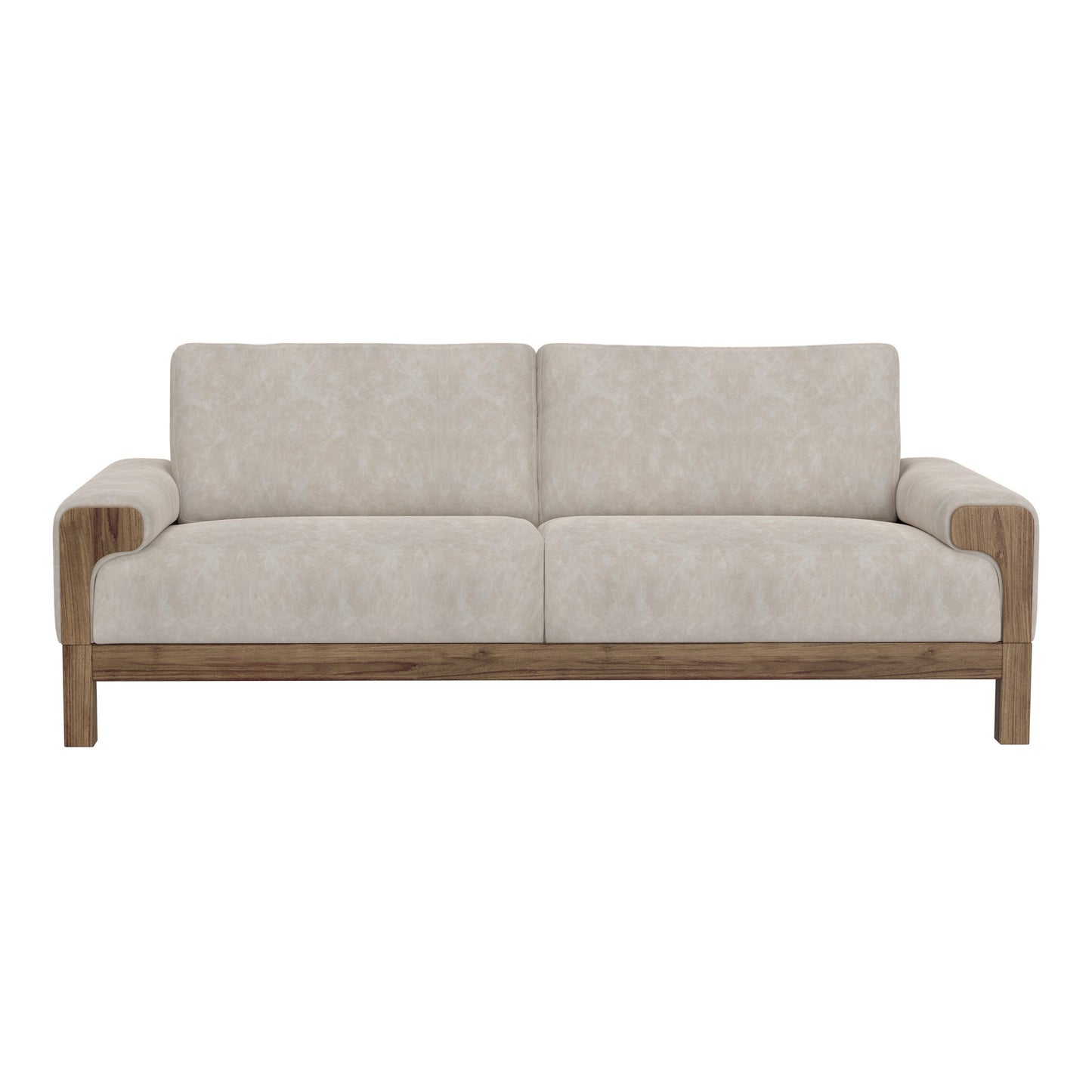 Canapé Caisy, tissu gris, coussins en mousse, bois massif caramel, 236 cm