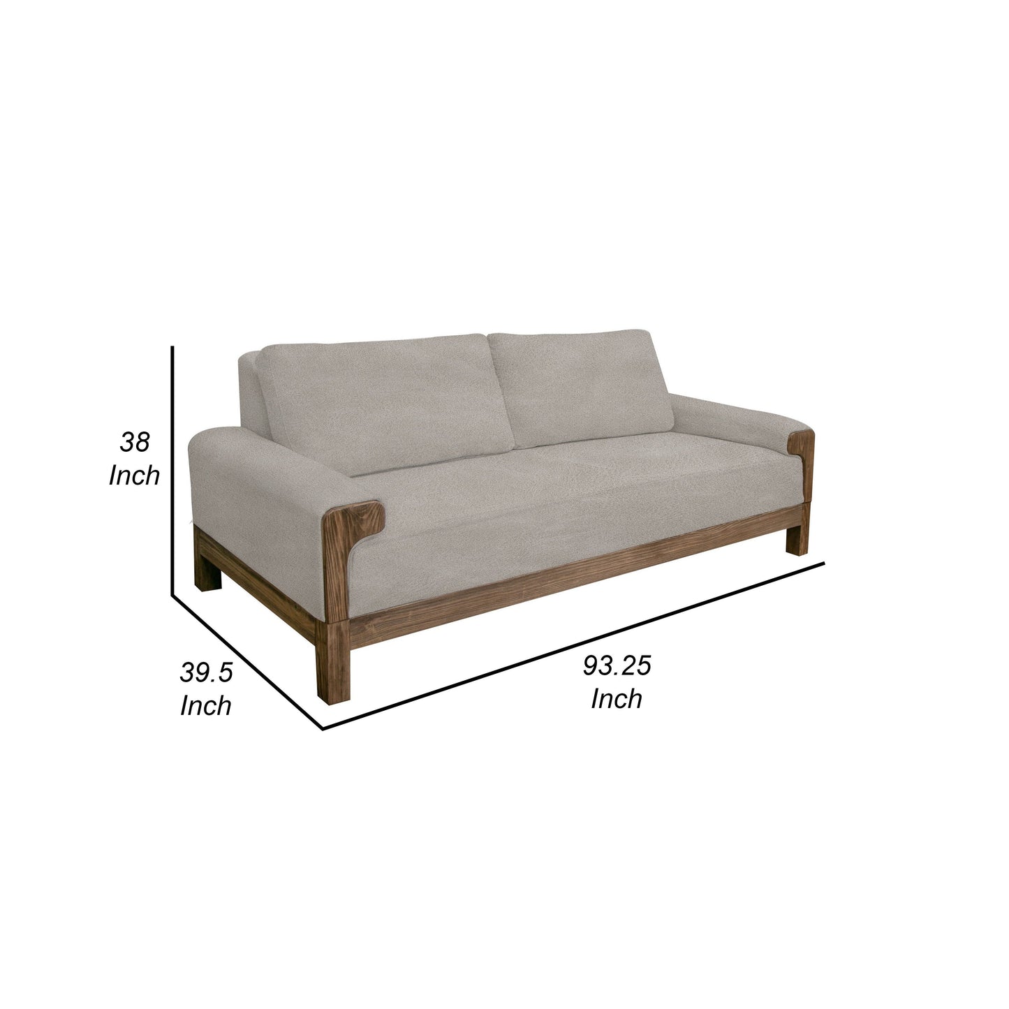 Canapé Caisy, tissu gris, coussins en mousse, bois massif caramel, 236 cm