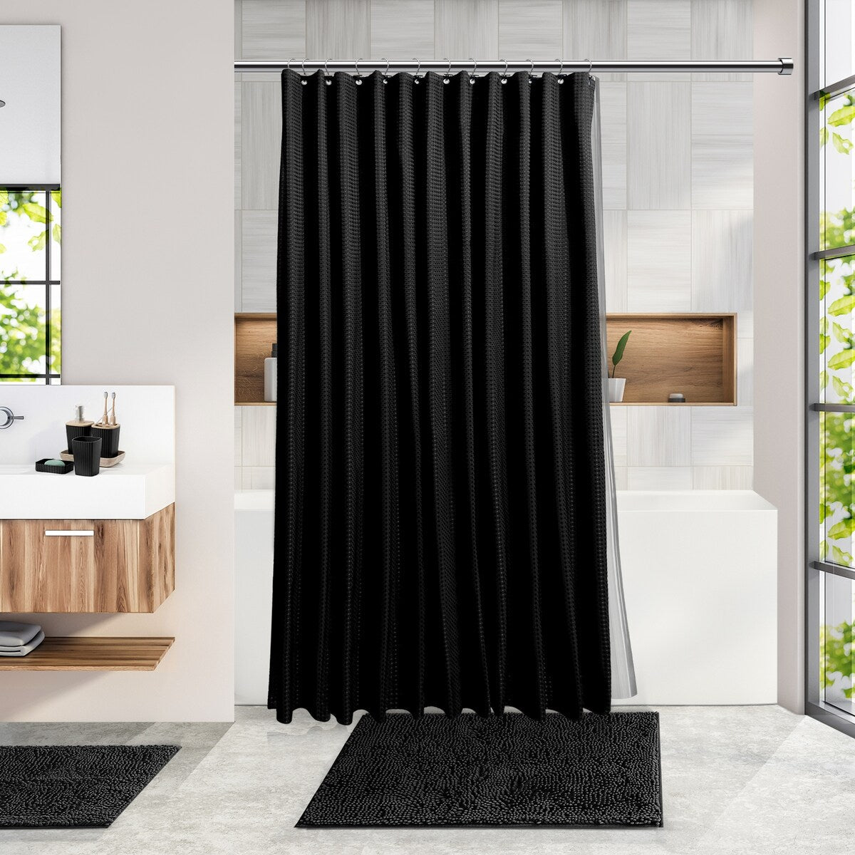 Clara Clark Bamboo Bathroom Accessories Set with Shower Curtain Set, Toilet Brush, Trash Can & Soap Dispenser