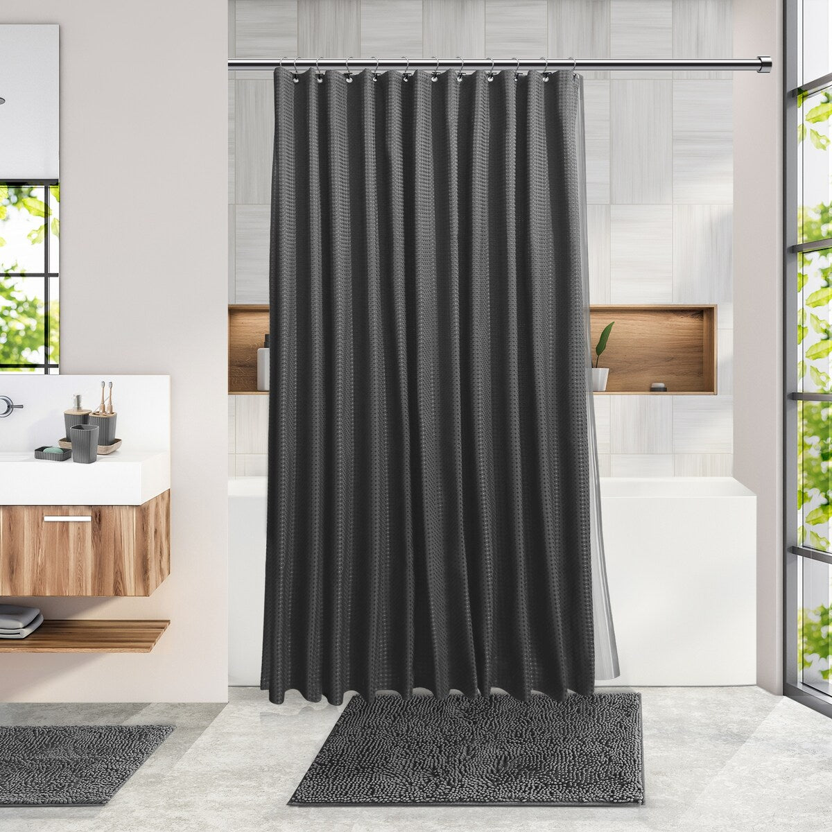 Clara Clark Bamboo Bathroom Accessories Set with Shower Curtain Set, Toilet Brush, Trash Can & Soap Dispenser