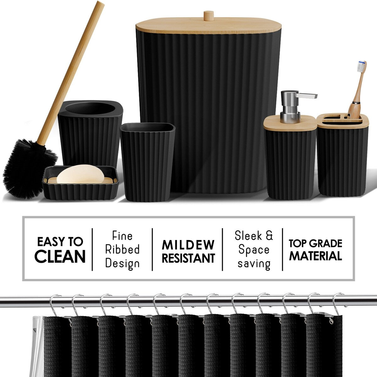 Clara Clark Bamboo Bathroom Accessories Set with Shower Curtain Set, Toilet Brush, Trash Can & Soap Dispenser
