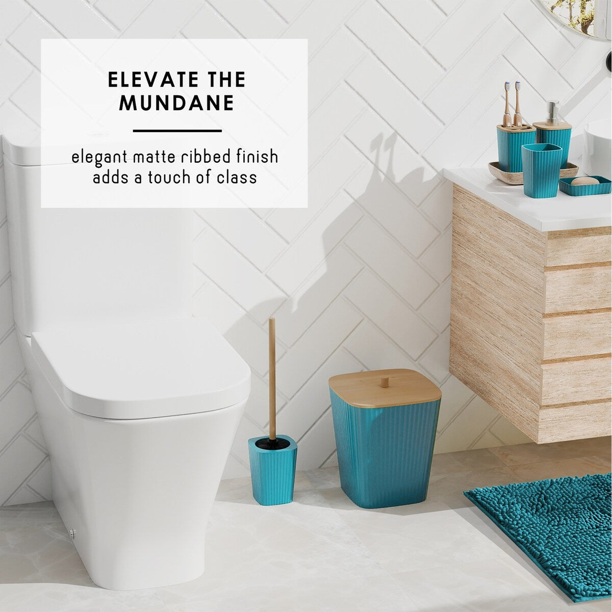 Clara Clark Bamboo Bathroom Accessories Set with Shower Curtain Set, Toilet Brush, Trash Can & Soap Dispenser