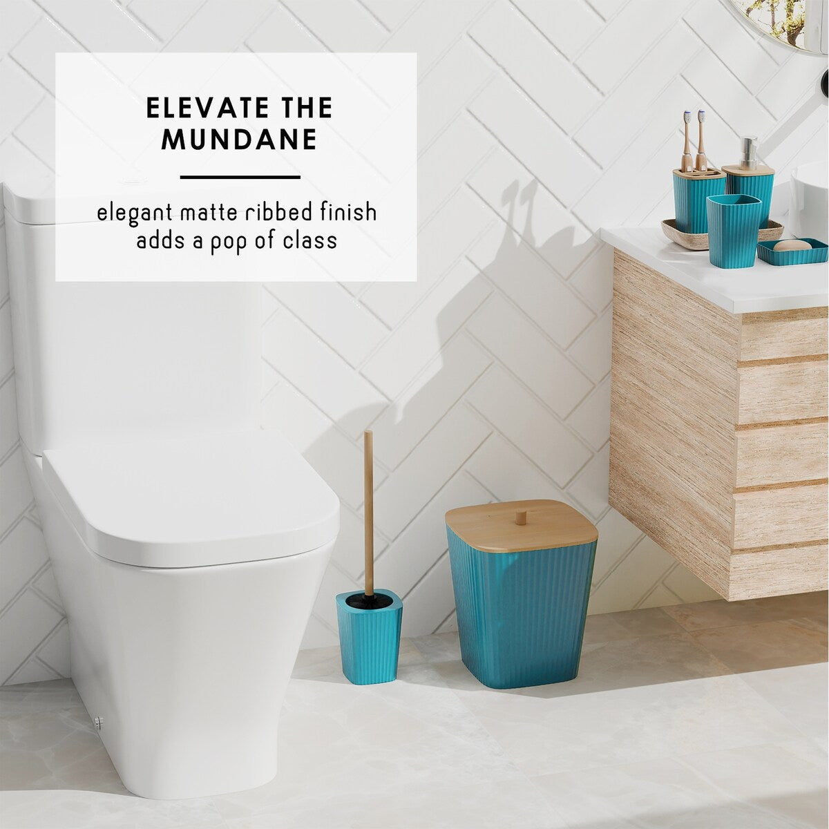 Clara Clark Bamboo Bathroom Accessories Set with Shower Curtain Set, Toilet Brush, Trash Can & Soap Dispenser