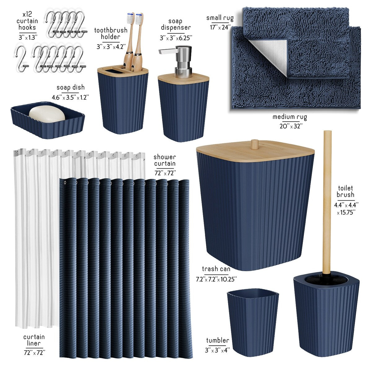 Clara Clark Bamboo Bathroom Accessories Set with Shower Curtain Set, Toilet Brush, Trash Can & Soap Dispenser