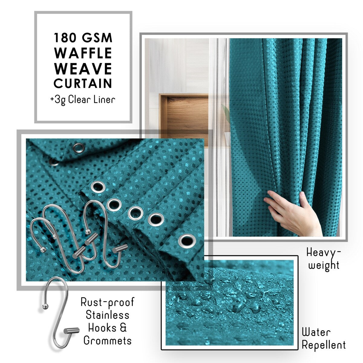 Clara Clark Bamboo Bathroom Accessories Set with Shower Curtain Set, Toilet Brush, Trash Can & Soap Dispenser
