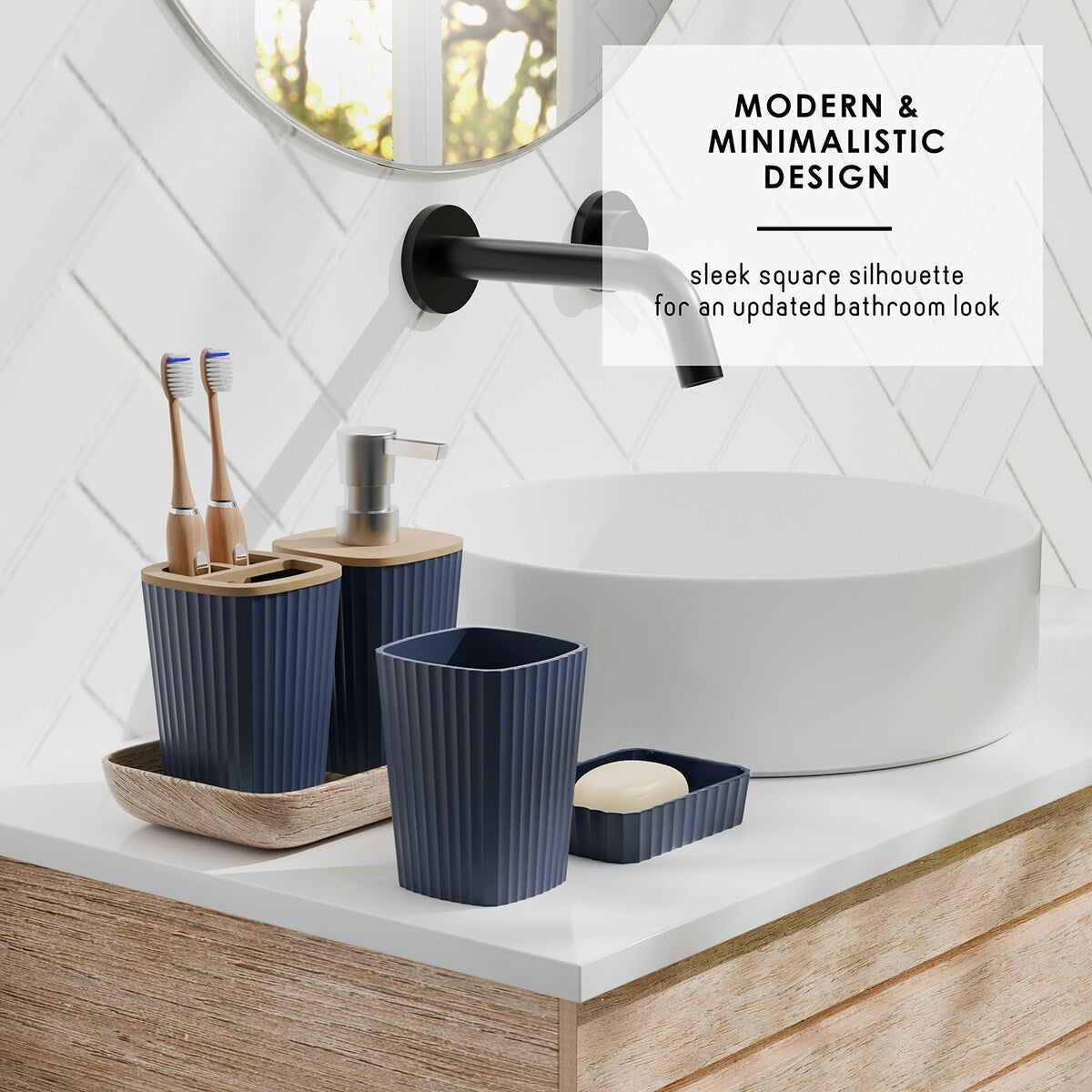 Clara Clark Bamboo Bathroom Accessories Set with Shower Curtain Set, Toilet Brush, Trash Can & Soap Dispenser