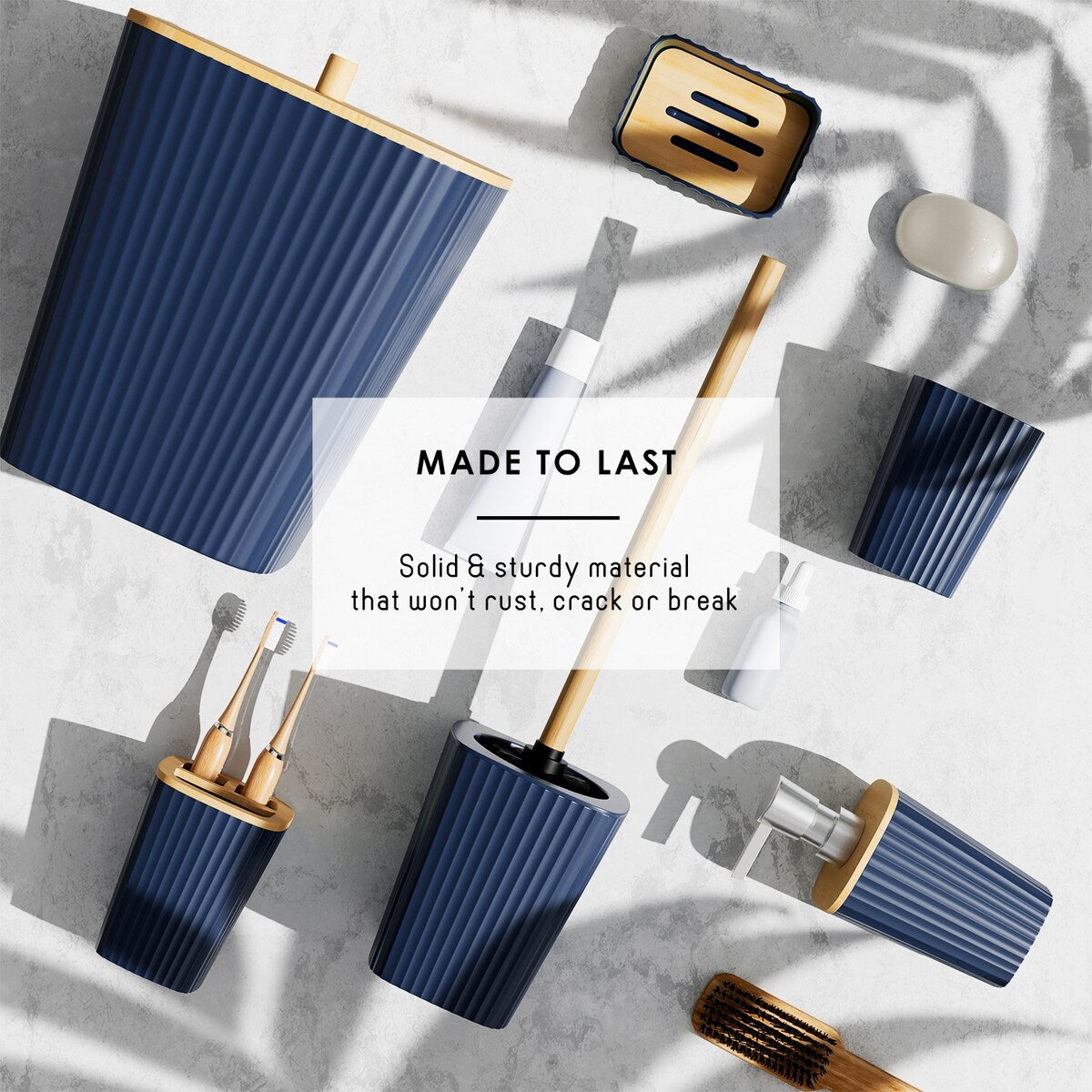 Clara Clark Bamboo Bathroom Accessories Set with Shower Curtain Set, Toilet Brush, Trash Can & Soap Dispenser