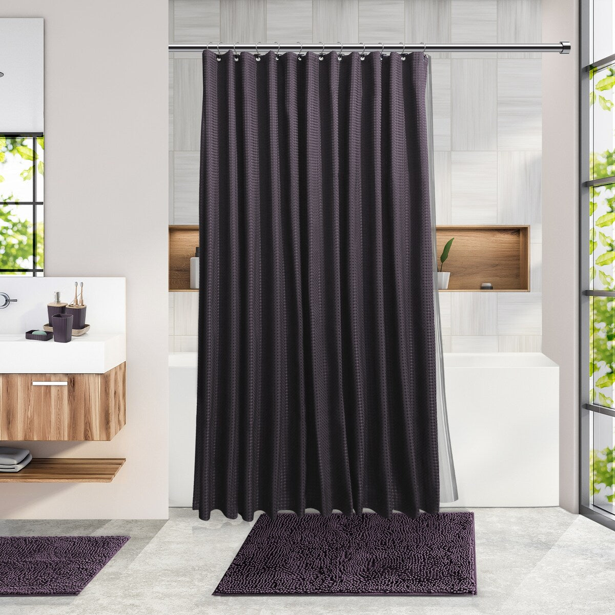 Clara Clark Bamboo Bathroom Accessories Set with Shower Curtain Set, Toilet Brush, Trash Can & Soap Dispenser