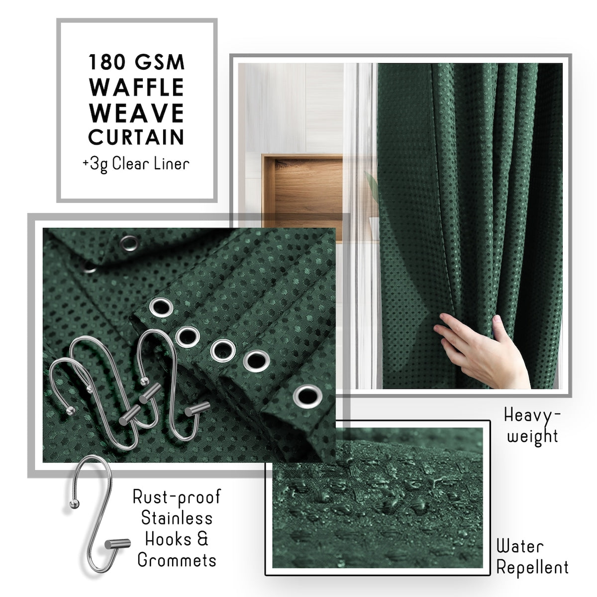 Clara Clark Bamboo Bathroom Accessories Set with Shower Curtain Set, Toilet Brush, Trash Can & Soap Dispenser