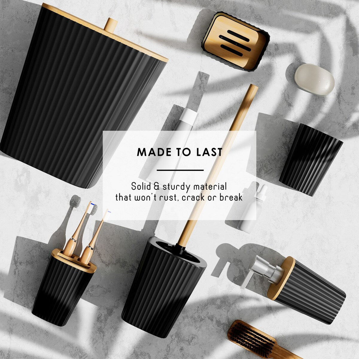 Clara Clark Bamboo Bathroom Accessories Set with Shower Curtain Set, Toilet Brush, Trash Can & Soap Dispenser