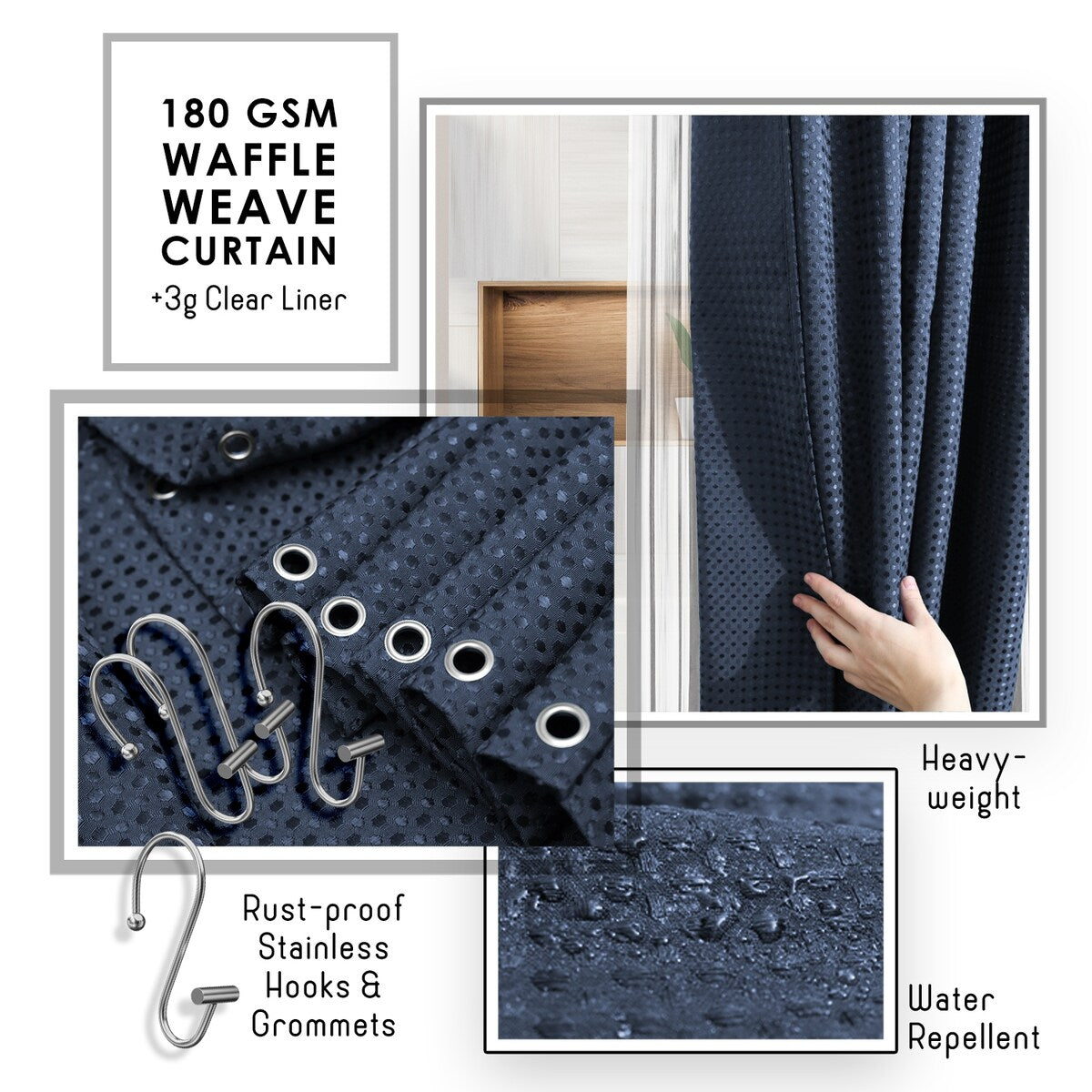 Clara Clark Bamboo Bathroom Accessories Set with Shower Curtain Set, Toilet Brush, Trash Can & Soap Dispenser