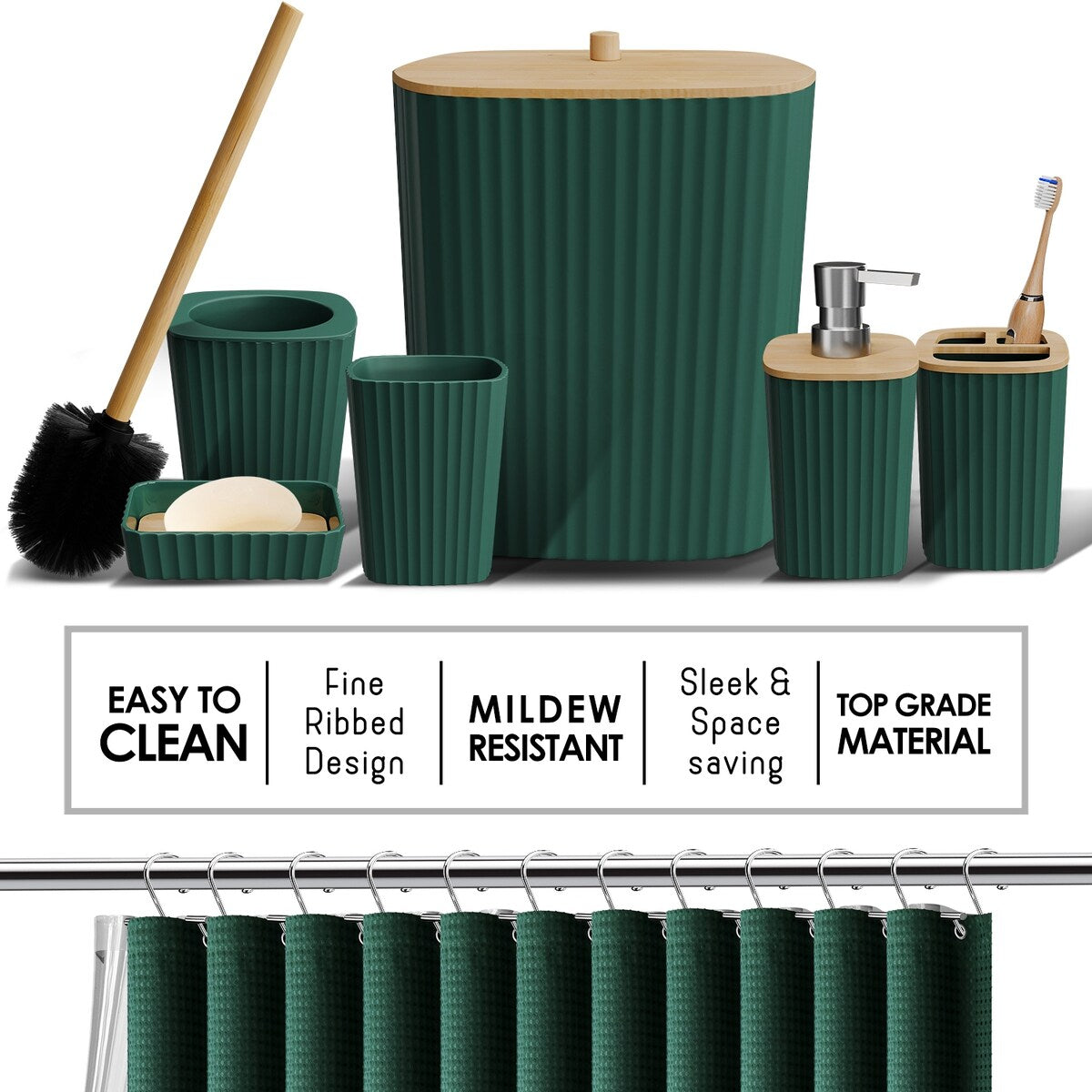 Clara Clark Bamboo Bathroom Accessories Set with Shower Curtain Set, Toilet Brush, Trash Can & Soap Dispenser