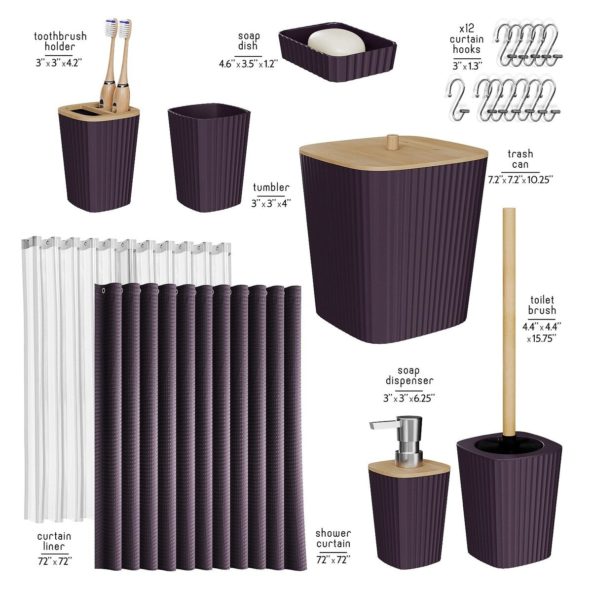 Clara Clark Bamboo Bathroom Accessories Set with Shower Curtain Set, Toilet Brush, Trash Can & Soap Dispenser