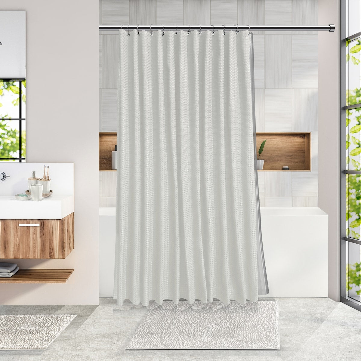 Clara Clark Bamboo Bathroom Accessories Set with Shower Curtain Set, Toilet Brush, Trash Can & Soap Dispenser