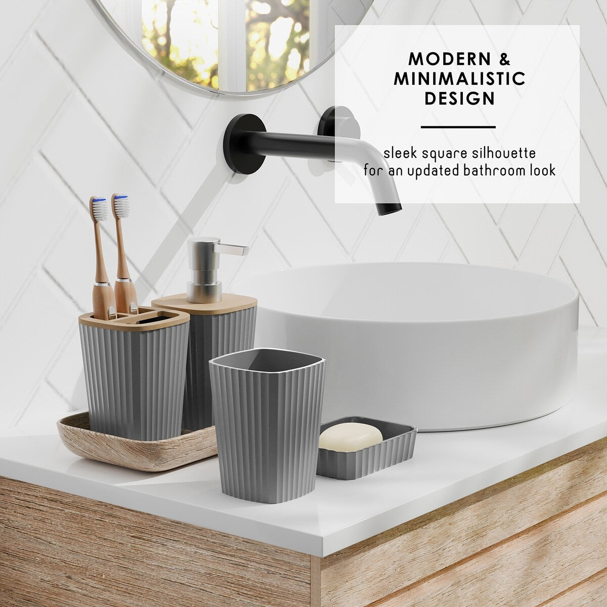 Clara Clark Bamboo Bathroom Accessories Set with Shower Curtain Set, Toilet Brush, Trash Can & Soap Dispenser