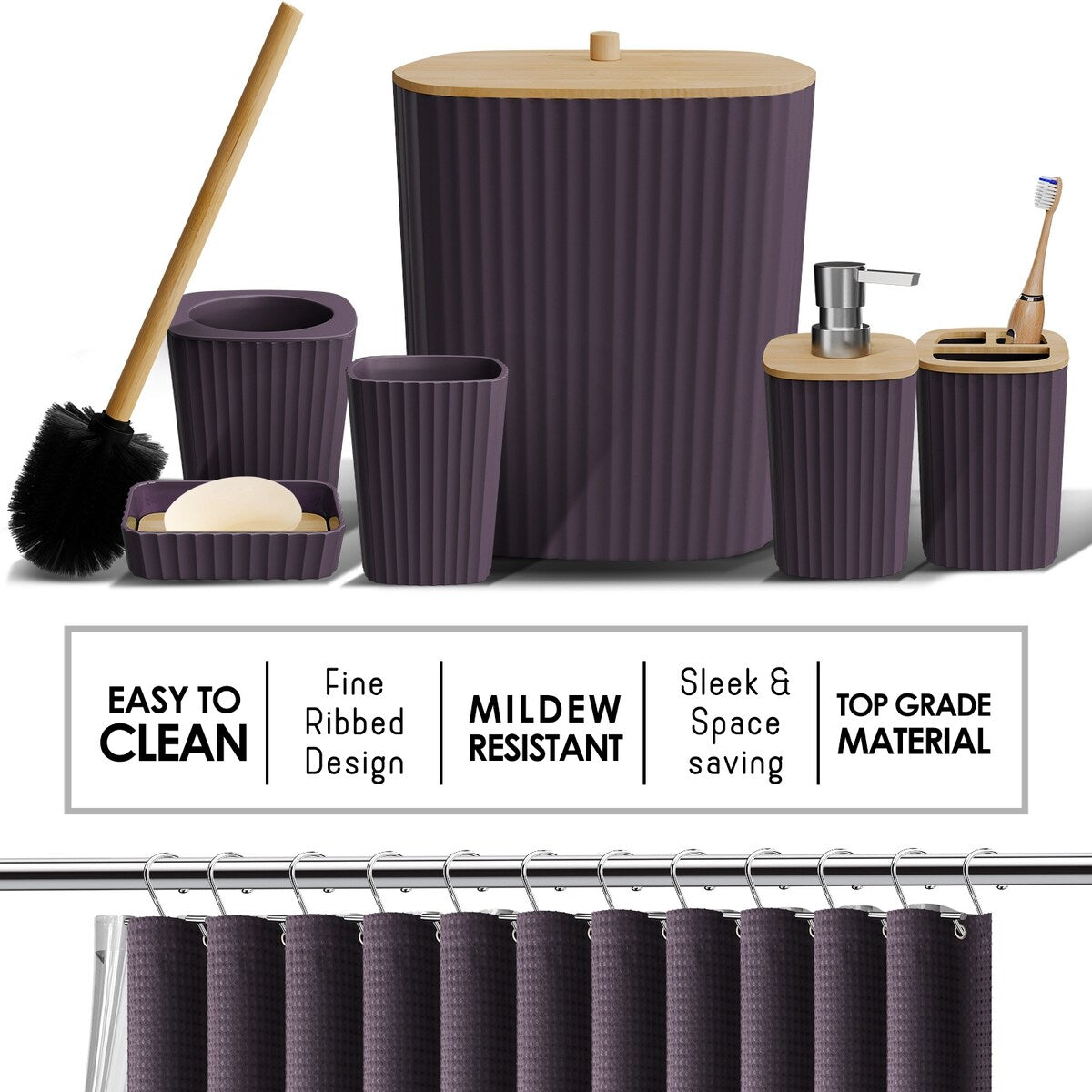 Clara Clark Bamboo Bathroom Accessories Set with Shower Curtain Set, Toilet Brush, Trash Can & Soap Dispenser