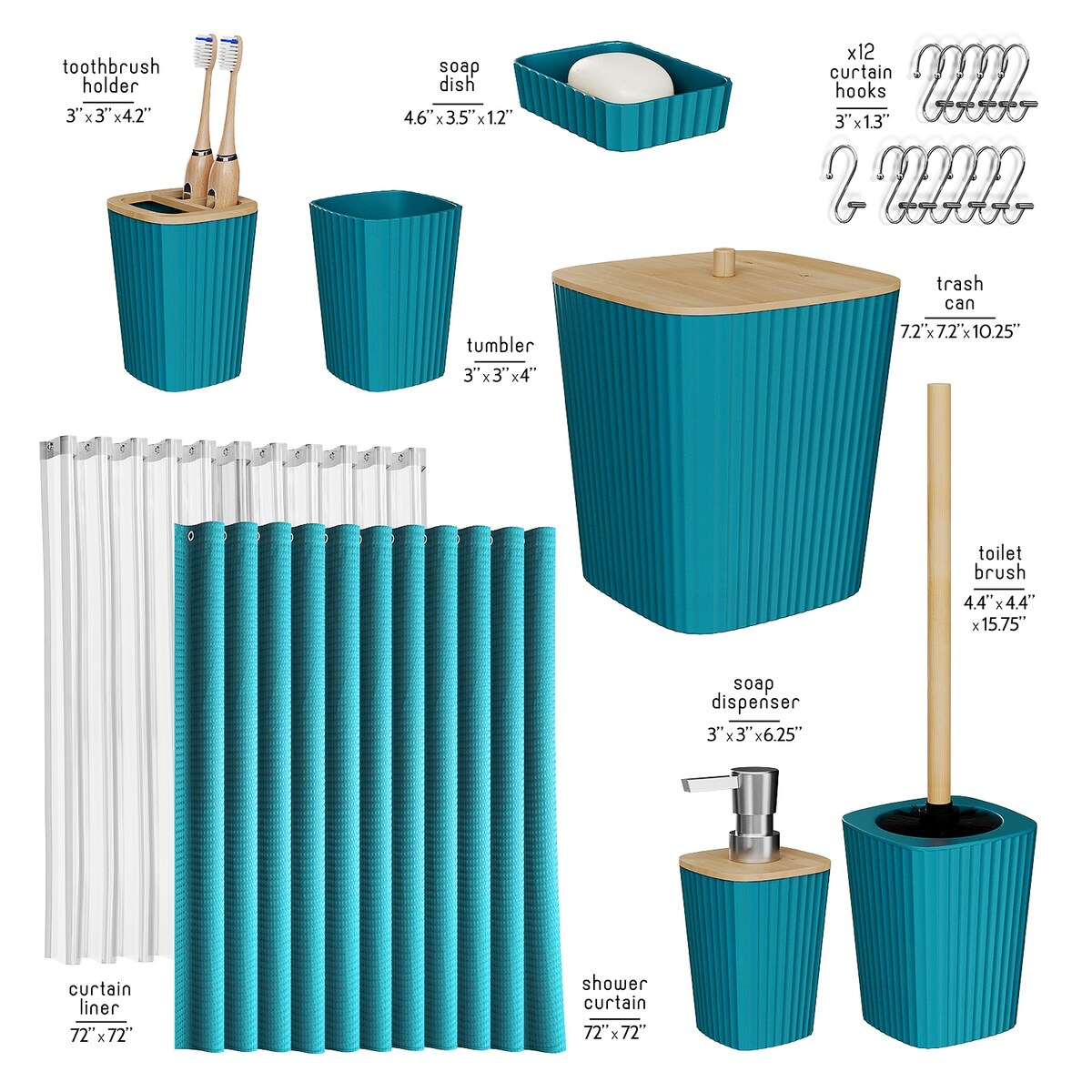Clara Clark Bamboo Bathroom Accessories Set with Shower Curtain Set, Toilet Brush, Trash Can & Soap Dispenser