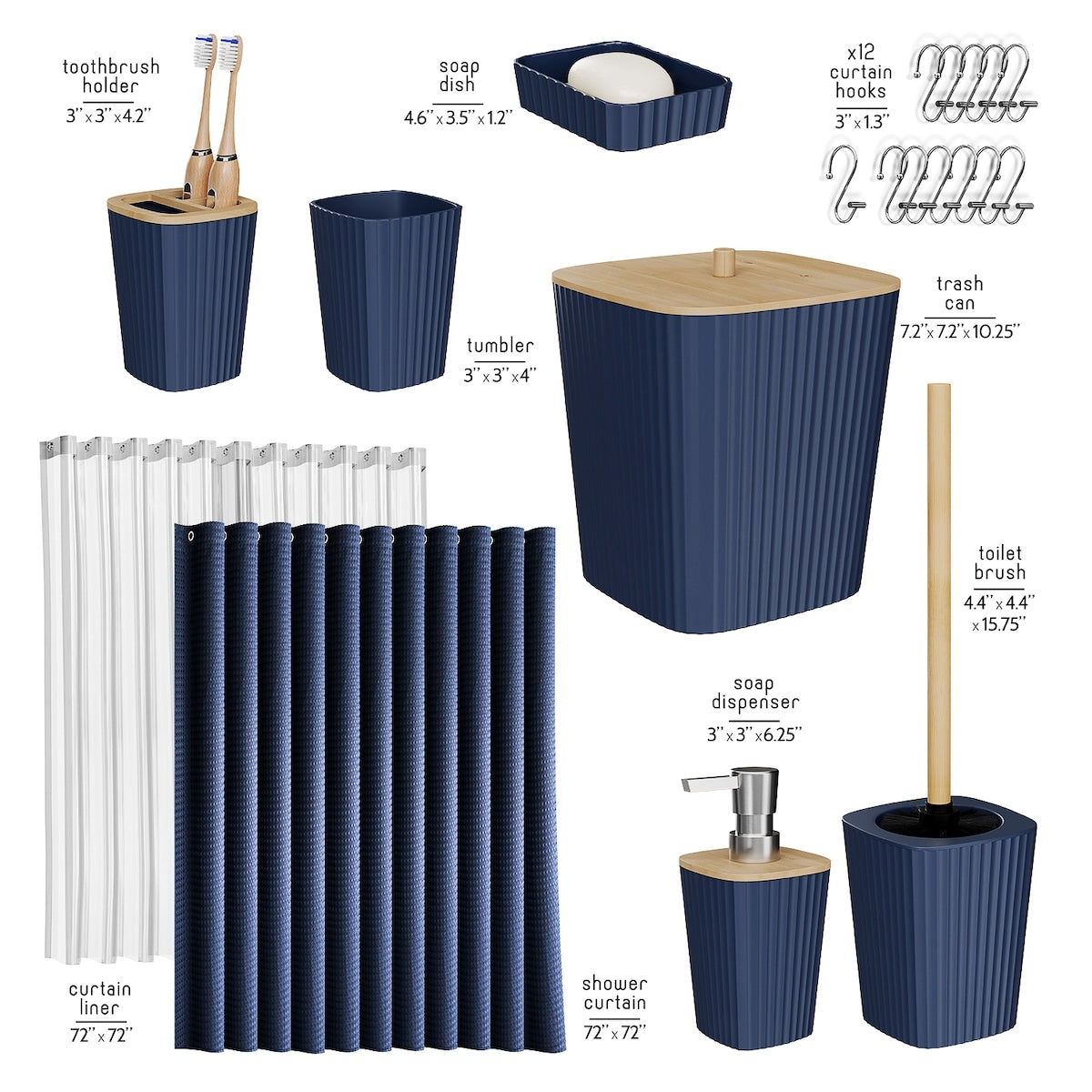 Clara Clark Bamboo Bathroom Accessories Set with Shower Curtain Set, Toilet Brush, Trash Can & Soap Dispenser